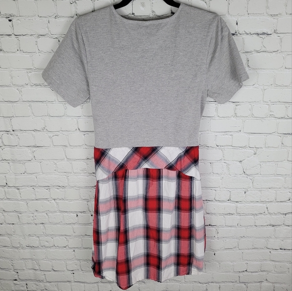 DESIGN LAB LORD & TAYLOR | short sleeve jersey faux wrap flannel shirt dress - Picture 2 of 4